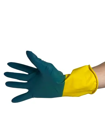 Перчатки: резиновые латексные BiColor L с хлопковым напылением сине-желтые