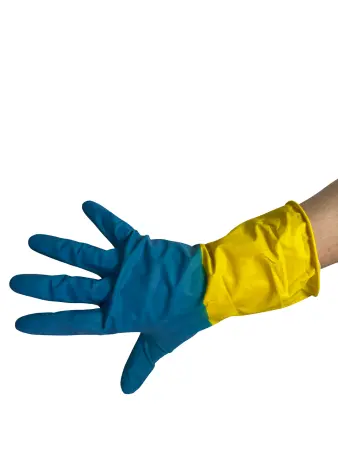 Перчатки: резиновые латексные BiColor L с хлопковым напылением сине-желтые