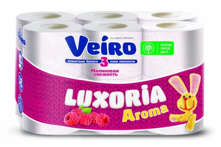 Бумага туалетная: 3сл 17м целлюлоза Арома Малина цвет белый с красным тиснением ВЕЙРО /пач.=12 шт.