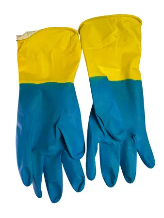 Перчатки: резиновые латексные BiColor L с хлопковым напылением сине-желтые