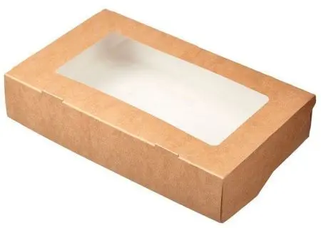 Фото №1 - Одноразовая продукция: Контейнер бумажный самосборный 500мл 170х70х40мм крафт с окном /пач.=250 шт.