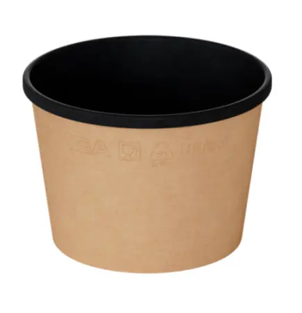 Одноразовая продукция: Контейнер бумажный (супник) 380мл77/102х72мм OneBowl UltraProof круг.без кр.крафт/черн /пач.=25 шт.