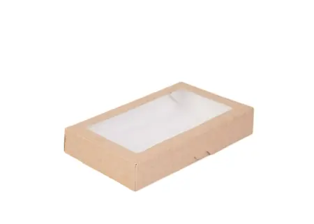 Одноразовая продукция: Контейнер бумажный самосборный 1000мл 195х120х40мм крафт с окном OSQ /пач.=225 шт.