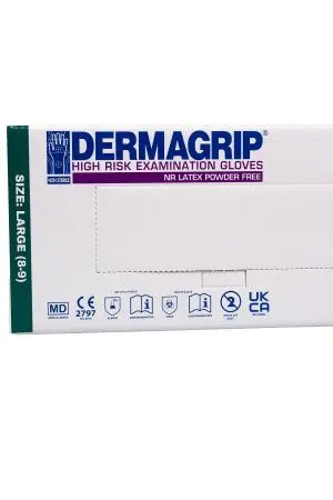 Перчатки: латексные Dermagrip High Risk L неопудренные нестерильные синие /пач.=50 шт.